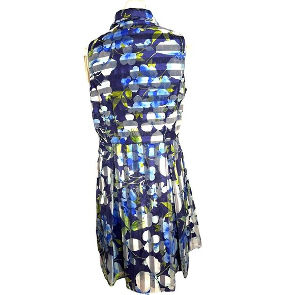 Sandra Darren Womens Floral Sleeveless Shirt Dress W/ Pockets Size 14 Blue Green - Picture 2 of 8